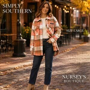 Simply Southern Women’s Large Orange Plaid Oversized Shacket Jacket